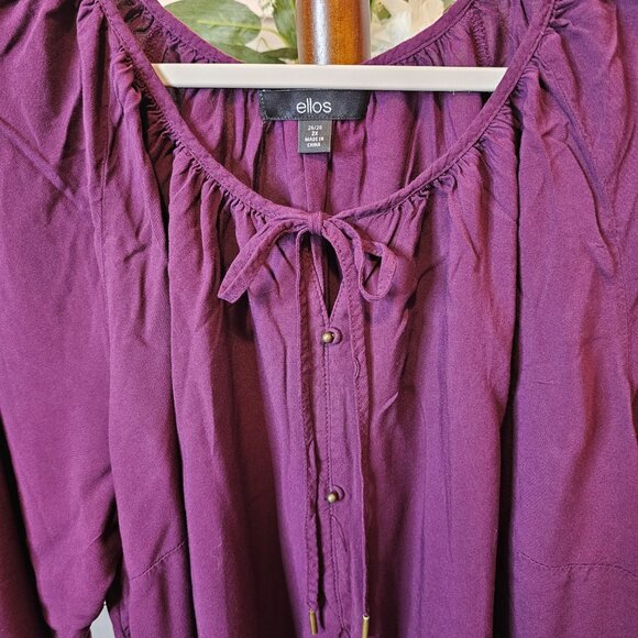 ellos Tie Neck Peasant Tunic, Plus Size 2X 26/28, Plum - Picture 2 of 9